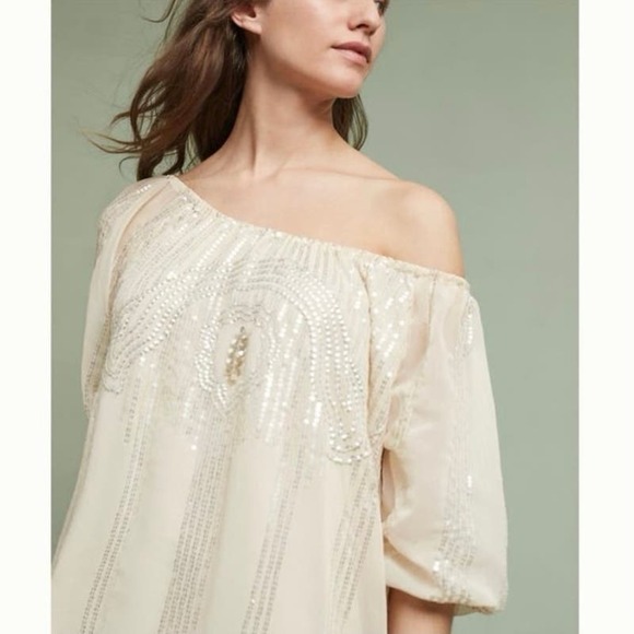 Anthropologie Carolina K Women’s Charo Off Shoulder Cream Sequined Boho Dress - Picture 2 of 14